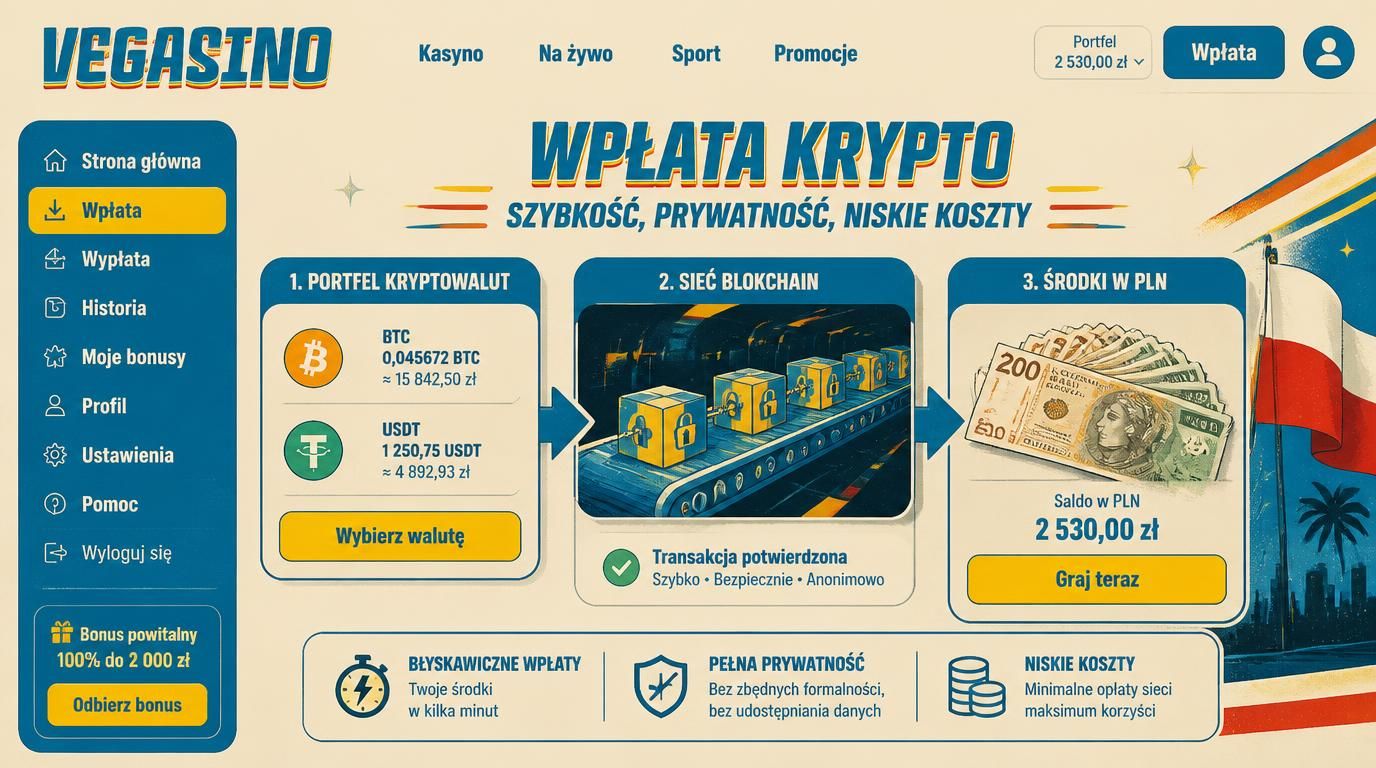  Portfel kryptowalut z symbolem BTC oraz tokenem USDT obok złotówki i ikony blockchain 