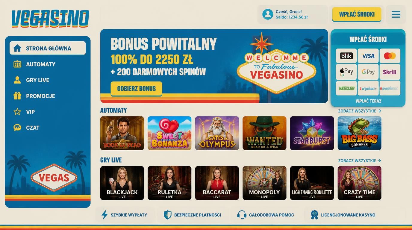 ekran powitalny aplikacji Vegasino z biblioteką gier i bonusami