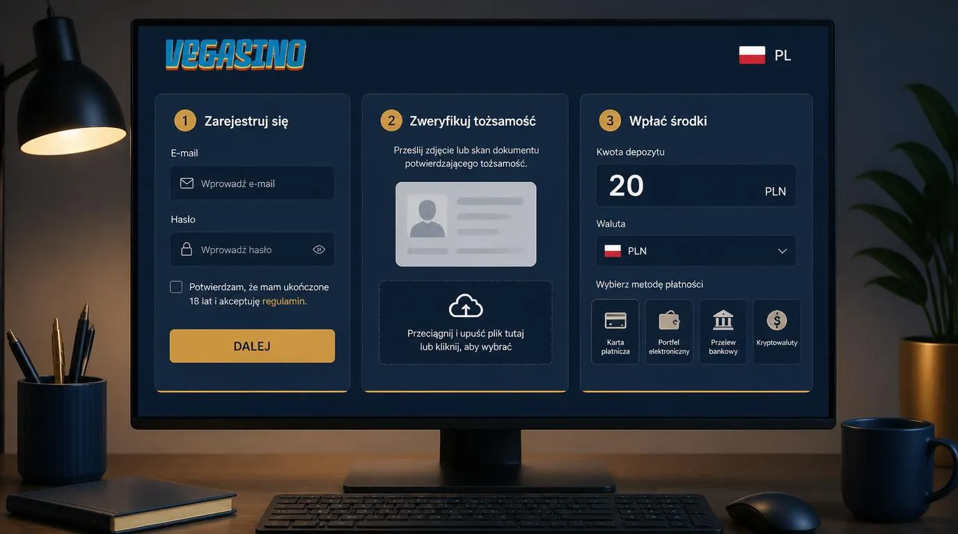 Panel konta kasyna z formularzem rejestracji, przesyłaniem dokumentu i wpłatą w PLN