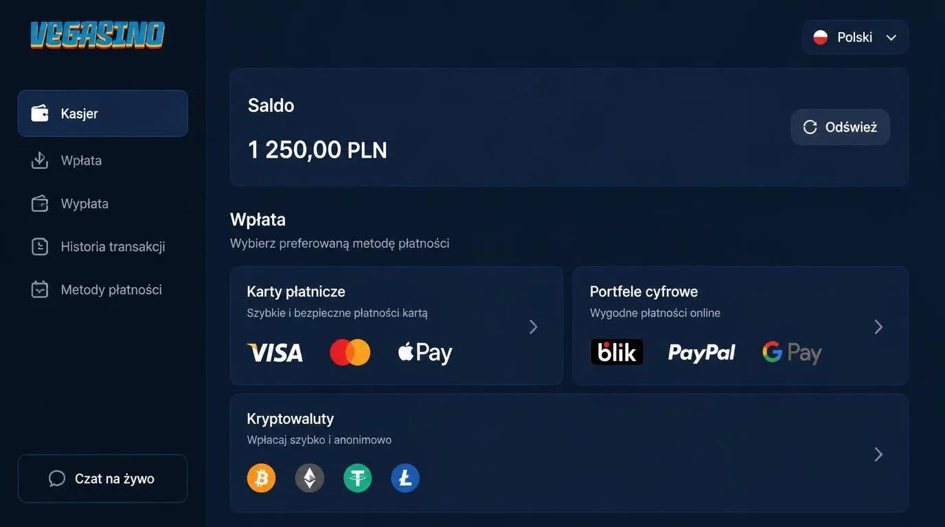 Panel kasy z językiem polskim, saldem w PLN, wyborem metod płatności i przyciskiem czatu na żywo